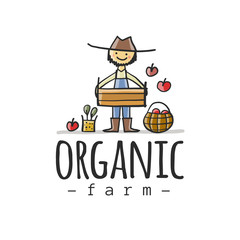 Farmer With Organic Vegetables For your Design. Harvest Festival. Agriculture. Organic farming eco concept. Fresh products, locally grown and organic food. Farmer's Market.