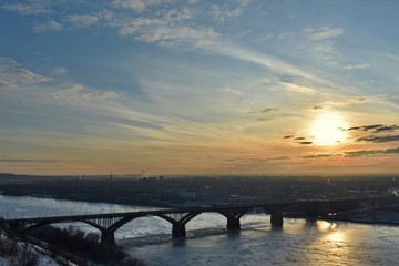 panorama of the city of Nizhny Novgorod. sunset over the bridge and the Oka river