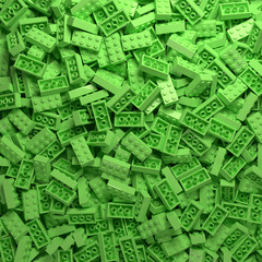 Fototapeta premium Green plastic toy bricks background. Educational toy for children. Pile of child's building blocks. 3D Rendering illustration