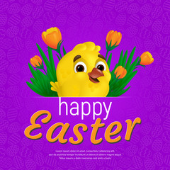 Happy Easter web banner or poster template. Vector square postcard illustration with cute smiling yellow chick and tulips on colorful background. Can be used for greeting card design or voucher