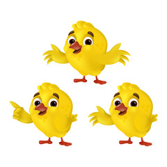 Set of cute cartoon chicks isolated on a white background. Vector illustration with funny three yellow chickens in different poses, showing, flapping and hugging. Can be used for Easter layouts design