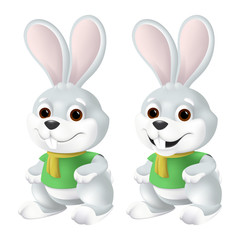 Cute Easter bunny in yellow scarf and green shirt with big eyes and ears isolated on white background. Funny vector mascot character illustration of smiling grey rabbit in 3d cartoon style