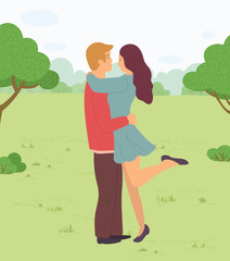 Happy couple on date in park or forest. Man and woman hugging standing together. Love in air, romantic atmosphere. Summer warm weather. Trees with green krone in lawn. Vector illustration in flat