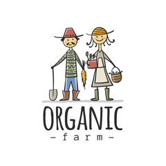 Farmers With Organic Vegetables For your Design. Harvest Festival. Agriculture. Organic farming eco concept. Fresh products, locally grown and organic food. Farmer's Market. Family business.