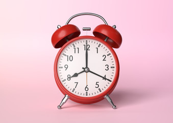 Red vintage alarm clock on bright pink background in pastel colors. Minimal creative concept. Front side. 3d rendering illustration