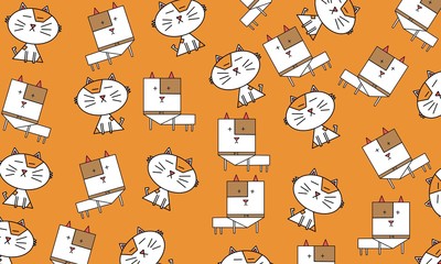 Seamless pattern icon white cat and dog cartoon with funny faces and orange background.