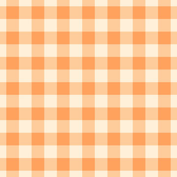 Vector gingham striped checkered blanket tablecloth. Seamless white orange table cloth napkin pattern background with natural textile texture. Country fabric material for breakfast or dinner picnic