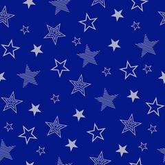 Seamless pattern with set drawn stars. Vector Wallpaper white stars on a blue background.