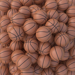 Many orange basketball balls lying in an endless pile. Basketball balls background. 3d rendering illustration