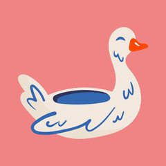 Rubber ring duck, swam shape design. Rubber bird, animal. Pool decor. Swimming equipment. Summer seaside beach pool party. Flat colourful vector illustration icon sticker isolated on white background.