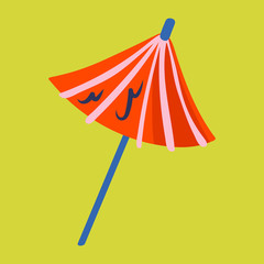 Red umbrella in chinese style. Sun protection. Cocktail umbrella. Design, fashion. Summer seaside beach pool party. Flat colourful vector illustration icon sticker isolated on white background.