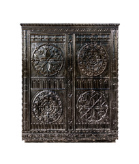 Old Wooden Bedside Table Isolated On White Background. Vintage Chest Of Drawers With Caraved Wood Decoration. Dark Brown Varnished Craft Furniture, Interior Object.