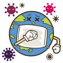 パンデミックのイメージイラスト　地球　ウイルス　マスク