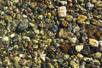 Colored pebbles under water at the coast Close-up. Stones under water. Background.