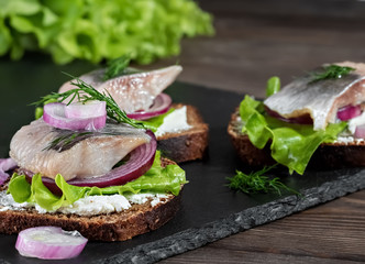 Open herring sandwich - traditional Danish smorrebrod. Sandwiches are located on a stone tray, a dark wooden background. Close-up, shallow depth of field.