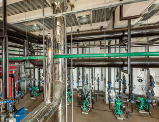 Pumping station for industrial, gas boiler, with many pipelines and pumps