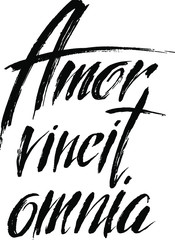 Vector set of hand written back ink lettering. Quote Love wins all in Latin . Modern element for design cards, poster, print . 