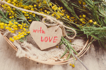 yellow  mimosa flowers on a wooden background