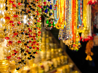 Rishikesh, India. Goods in souvenir shop on the street of Rishikesh.