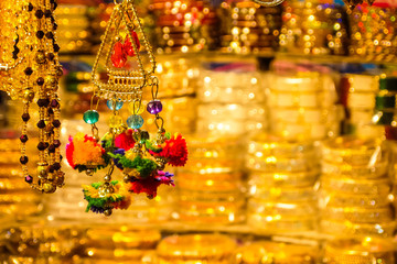 Rishikesh, India. Goods in souvenir shop on the street of Rishikesh.