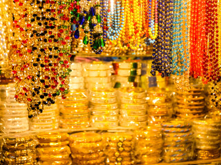 Rishikesh, India. Goods in souvenir shop on the street of Rishikesh.