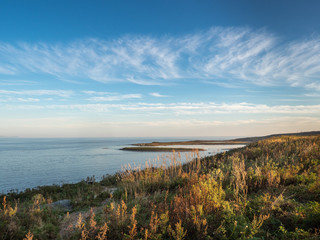 Marine landscape with hills, the coast of the Sea of Japan with trees and shrubs