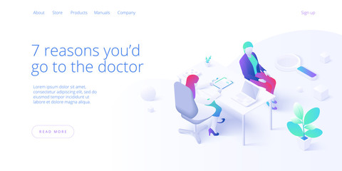 Doctor consultation or visit concept in isometric vector design. Woman doctor or physician giving medical prescription to female patient. Healthcare professional. Web banner layout template.