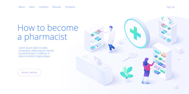 Online Pharmacy Or Drug Store Concept In Isometric Vector Illustration. Internet Shopping Or Order With Laptop. Background With Medicines And Equipment. Web Banner Layout Template.