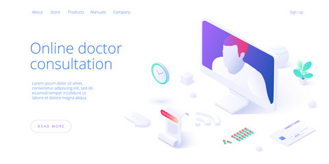 Online doctor consultation call or visit concept in isometric vector design. Woman using internet on pc for medical video chat. Healthcare conference. Web banner layout template.