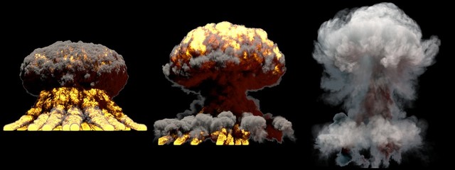 3D illustration of explosion - 3 large different phases fire mushroom cloud explosion of fusion bomb with smoke and flame isolated on black background