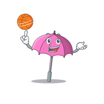A sporty pink umbrella cartoon mascot design playing basketball
