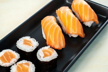 sushi dish on wooden table