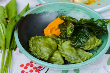 Ukrainian and Russian dishes - green vareniki or dumplings with beef meat or mashed potatoes or cottage cheese