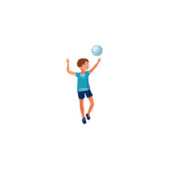 The teenage boy plays volleyball in a blue t-shirt. Vector illustration in the flat cartoon style