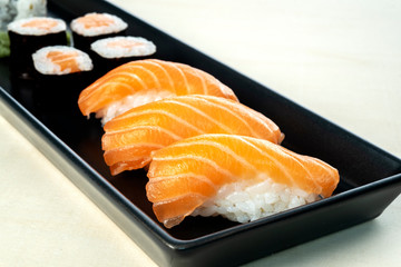 sushi dish on wooden table