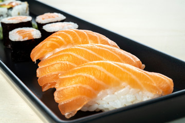 sushi dish on wooden table