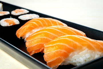 sushi dish on wooden table