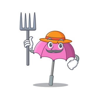 Pink umbrella in Farmer cartoon character with hat and pitchfork
