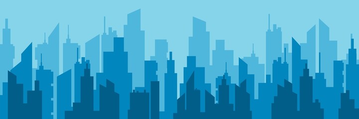 Horizontal city skyline vector flat illustration. Urban architecture cityscape with high modern building construction graphic design. Panorama of skyscraper downtown