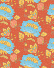 Branches of peonies on an orange background