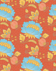 Fototapeta premium Branches of peonies on an orange background