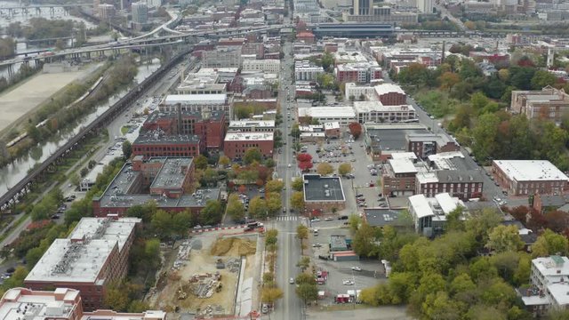 Drone flying over Shockoe Bottom in Downtown Richmond, Virginia in the afternoon.