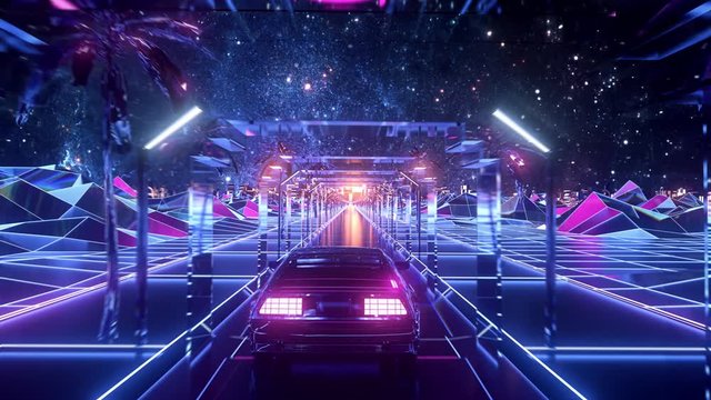 Abstract futuristic car driving on a road among street lamps and palm trees, landscape in neon colorful lights. Stock animation. Rear view of moving vehicle on endless galaxy background.