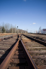 Fototapeta premium Railway track Railway rails. Arrow and denouement.