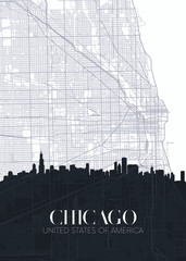 Skyline and city map of Chicago, detailed urban plan vector print poster