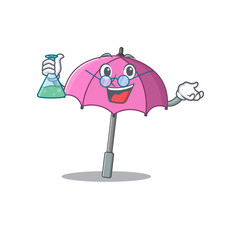 Smart Professor of pink umbrella mascot design holding a glass tube