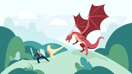 Naklejka na ściany i meble Cartoon businessman fighting fire breathing dragon vector graphic illustration. Male knight with protective shield and sword battle with monster. Concept of risk, courage and leadership in business