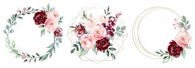 Goldrahmenset, Kranzbordüre und Blütenarrangement. Aquarell-Clipart-Handmalerei, floraler geometrischer Hintergrund. Blumenzusammensetzungen lokalisiert auf weißem Hintergrund. © Larisa