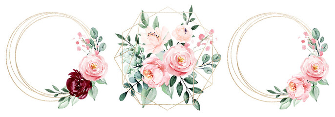 Goldrahmenset, Kranzbordüre und Blütenarrangement. Aquarell-Clipart-Handmalerei, floraler geometrischer Hintergrund. Blumenzusammensetzungen lokalisiert auf weißem Hintergrund. © Larisa