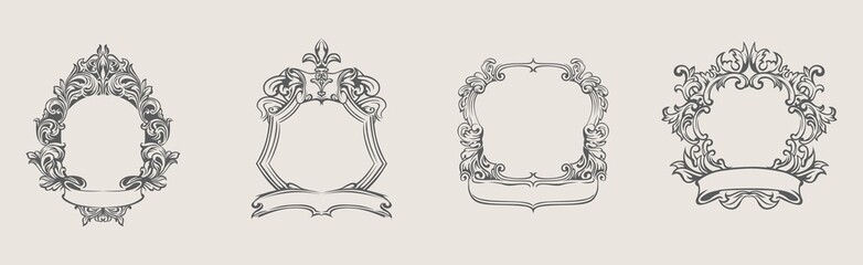 Set of different frame with ribbon in vintage realistic style with place for photo. Collection of various royal luxury avatar with retro design ornament isolated on white background